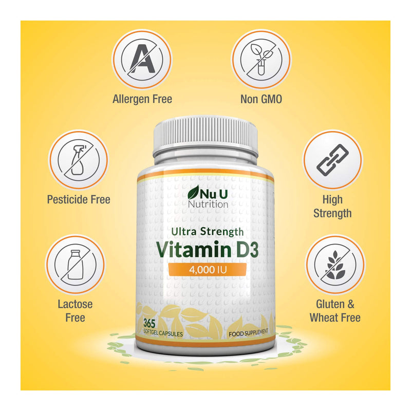 Vitamin D3 4000 IU, 365 Softgel Capsules NOT Tablets, Full Year Supply, Easy to Swallow Quadruple Strength Vitamin D3 Supplement - BeesActive Australia