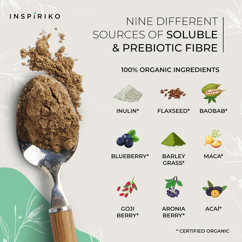 Organic Prebiotic Fibre Supplement - Award Winning Gut Health Supplement with 9 High Fiber Superfoods - High in Soluble Fibre Powder, Prebiotics & Insoluble Fibre. 180 Grams. by Inspiriko - BeesActive Australia
