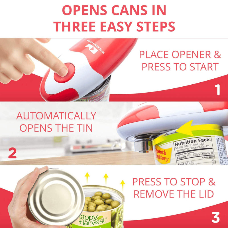 Kitchen Mama Auto Electric Can Opener: Open Your Cans with A Simple Push of Button - Automatic, Hands Free, Smooth Edge, Food-Safe, Battery Operated, YES YOU CAN (Red) Red - BeesActive Australia