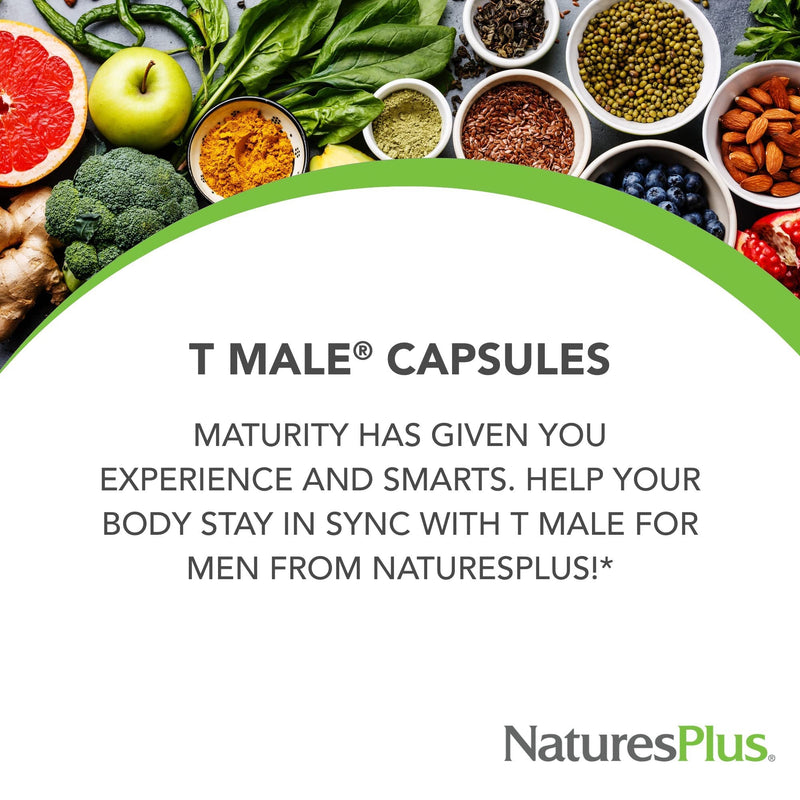 NaturesPlus T-Male Capsules - Herbal Complex and Zinc Supplement for Men Energy and Stamina - Vegan, Gluten Free - 60 Capsules - BeesActive Australia