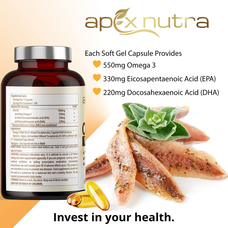 High Strength Omega 3 1000mg Capsules - 4 Month Supply of Easy to Swallow Omega 3 Fish Oil Capsules with 330mg EPA & 220mg DHA - Fish Oil Omega 3 Supplement - Made in The UK by Apex Nutra - BeesActive Australia