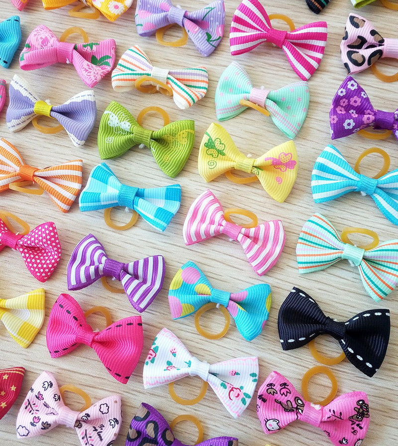 PET SHOW Pet Dog Hair Bows Bowknot for Yorkshire Girls Topknot with Rubber Bands Cat Puppy Headdress Grooming Hair Accessories Random Color Pack of 50pcs = 25pairs - BeesActive Australia