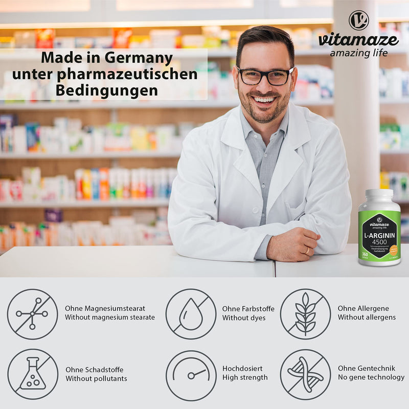 L-Arginine High Strength 4500 mg - 360 Capsules - Sport Performance Booster - Natural Supplement of Pure L Arginine Without Additives, German Quality- Vitamaze - BeesActive Australia