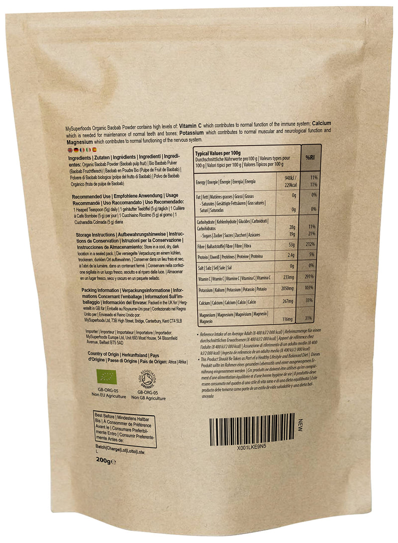 MySuperfoods Organic Baobab Powder 200g, Natural Source of Potassium 200 g (Pack of 1) - BeesActive Australia