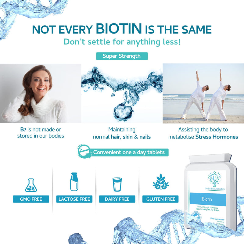 Biotin 10,000 mcg 120 Tablets � Exclusively Maximum Strength D-Biotin, The only Natural Form with Full Vitamin B7 Activity - Support for Healthy Hair Growth, Skin and Nails - UK Made to cGMP Code - BeesActive Australia