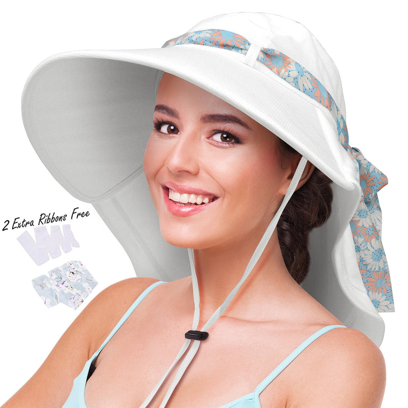 [AUSTRALIA] - Womens Sun Hats Neck Flap Large Brim UV Protection Foldable Fishing Hiking Beach Cap White 