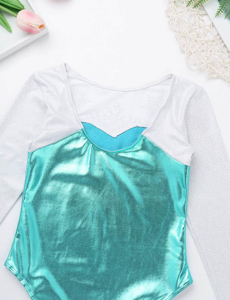 [AUSTRALIA] - moily Little Girls Princess Rhinestone Leotard Long Sleeve Metallic Gymnastics Dance Athletic Jumpsuit Lake_blue 10 