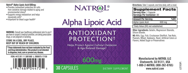 Natrol Alpha Lipoic Acid Capsules, Antioxidant Protection, ALA, Helps Protect Against Cellular Oxidation and Age-Related Damage, Whole Body Cell Rejuvenation, 600mg, 30 Count (Pack of 3) - BeesActive Australia