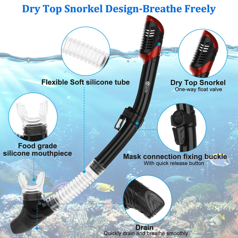 JARDIN Dry Snorkel Set, Panoramic Wide View Snorkel Mask, Anti-Fog Tempered Glass Diving Mask, Free Breathing& Easy Adjustable Strap Scuba Mask, Professional Snorkeling Gear for Adults Black - BeesActive Australia
