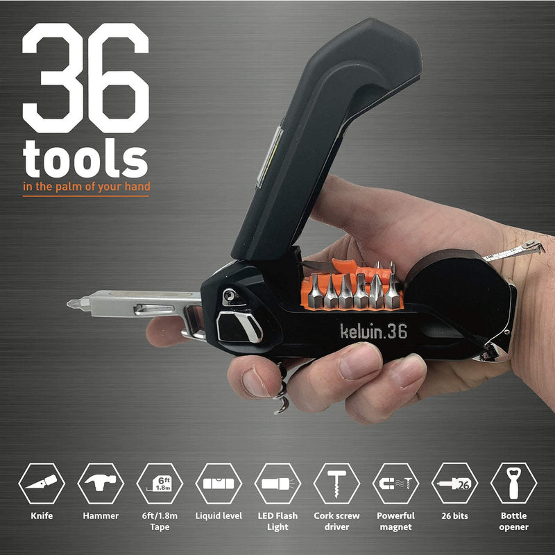 Kelvin Tools K-36 Multi-Tool Set, 36 Integrated Tools, 26 Bit Screwdriver Set, Tape Measure, Corkscrew (Black) KELVIN 36 Black 36 - BeesActive Australia
