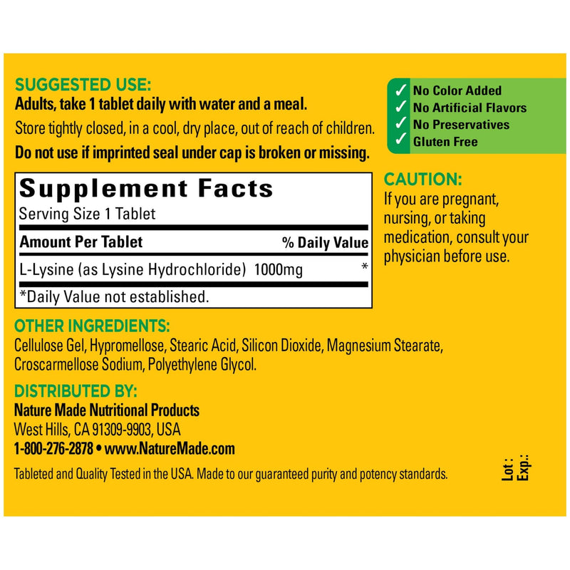 Nature Made Extra Strength L-Lysine 1000 mg Tablets, 60 Count for Protein Synthesis 60 Count (Pack of 1) - BeesActive Australia