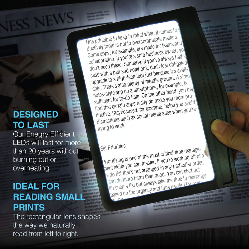 MagniPros 3X Large Ultra Bright LED Page Magnifier with 12 Anti-Glare Dimmable LEDs (Provide More Evenly Lit Viewing Area & Relieve Eye Strain)-Ideal for Reading Small Prints & Low Vision & Aging Eyes Black - BeesActive Australia