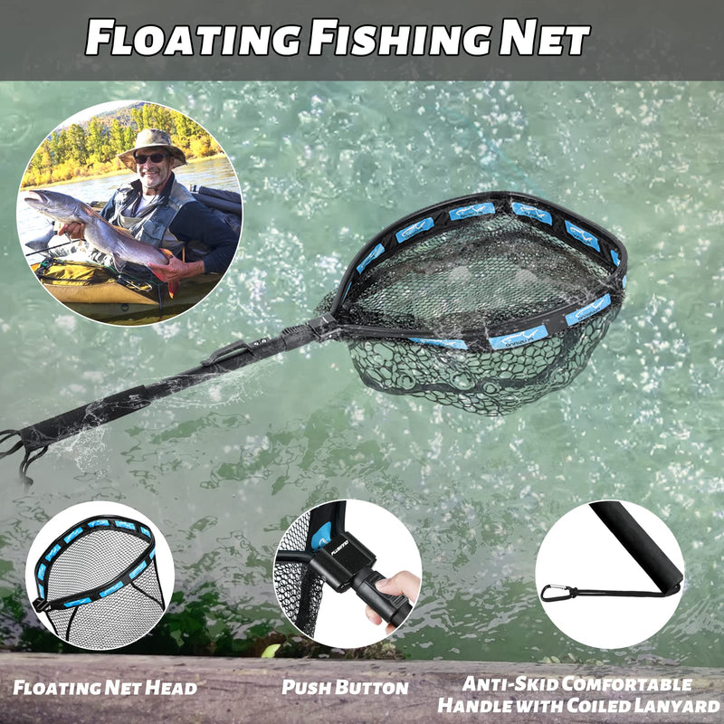 PLUSINNO Floating Fishing Net, Rubber Coated Fish net for Easy Catch and Release, Fishing Nets Freshwater for Bass, Trout, Walleye, Kayak, Folding Landing Net for Easy to Carry and Storage 11.8"/30cm Hoop Size Blue (Fixed Pole) - BeesActive Australia