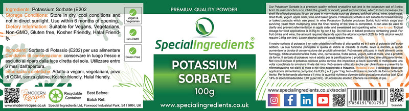 Special Ingredients Potassium Sorbate (Mould Inhibitor) 100g Premium Quality, Non-GMO, Gluten Free � Recyclable Container 100 g (Pack of 1) - BeesActive Australia