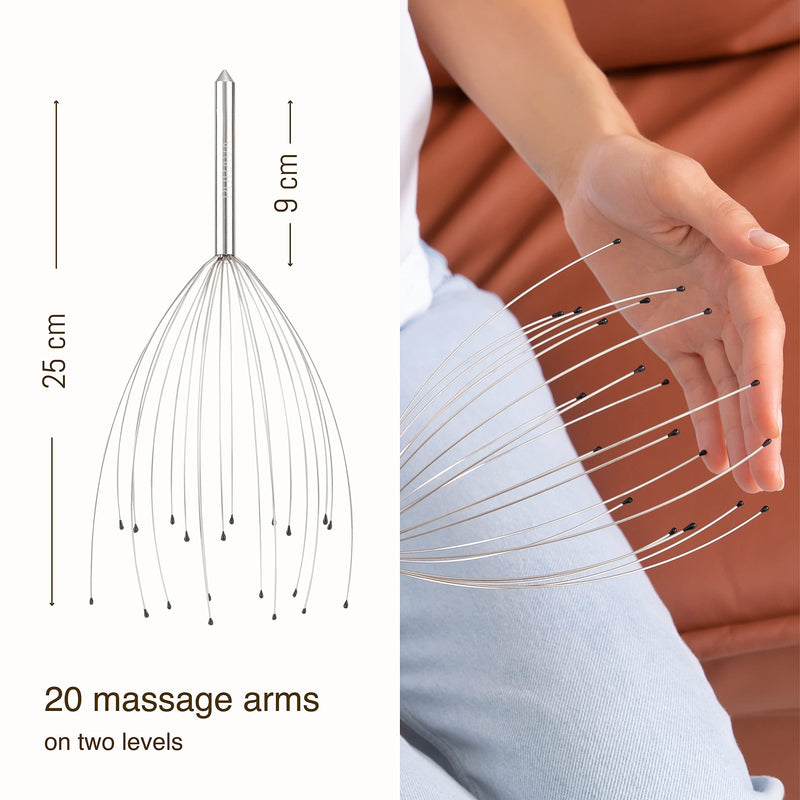 PURAVA (Original) - Premium Head Massager with Metal Handle and Improved Design - Scalp Scratcher Massage with 20 Fingers for Relaxation and Scalp Stimulation - Head Massager Tool Ideal as a Gift Pack of 1 Silver - BeesActive Australia
