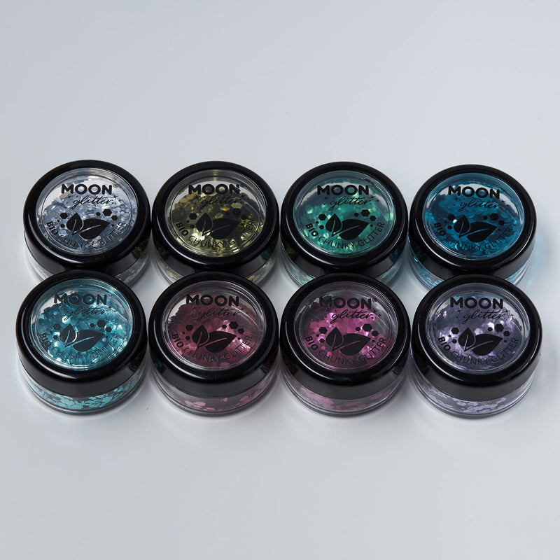 Moon Glitter Biodegradable Eco Chunky Glitter - 100% Cosmetic Bio Glitter for Face, Body, Nails, Hair & Lips - 3g Set of 8 + Fix Gel - BeesActive Australia