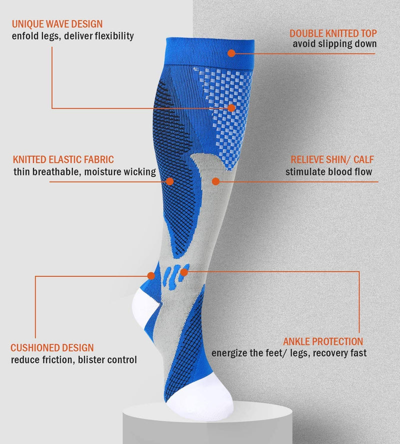 Compression Socks (3 Pairs) for Men Circulation 20-30 mmhg Medical Compression Stockings Women Nursing Black+Blue+White XXL - BeesActive Australia