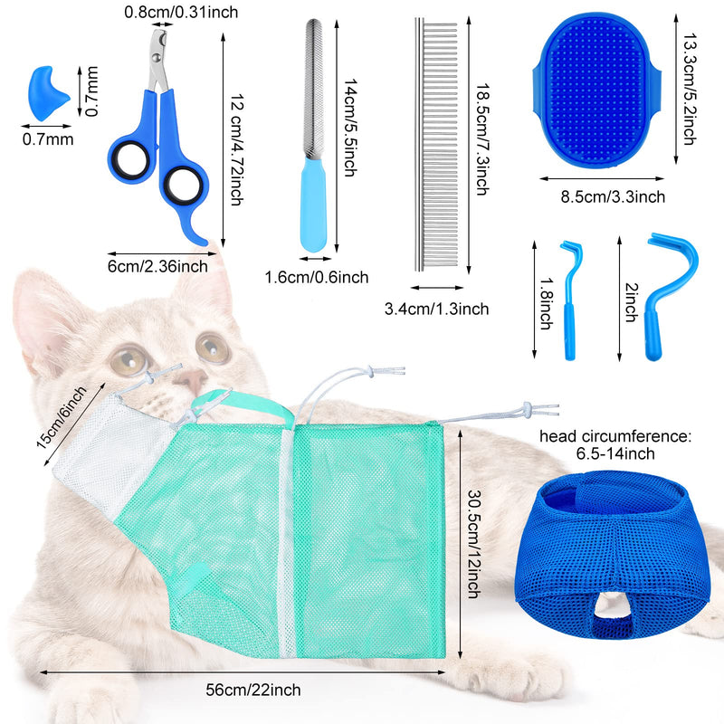 9 Pieces Cat Bathing Bag Set Cat Shower Bag Anti Bite and Anti Scratch Cat Grooming Bag for Pet Washing Brush Comb, Cat Muzzle, Nail Clipper, Nail File, Tick Tool Blue, Turquoise - BeesActive Australia