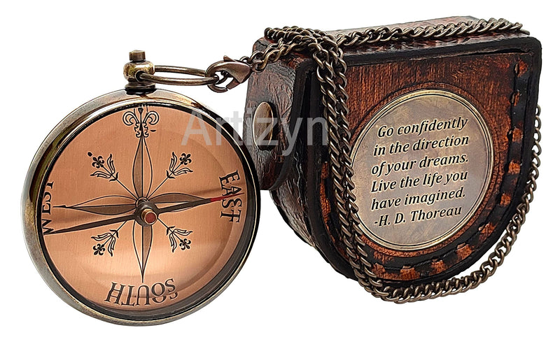 Thoreau's Go Confidently Quote Engraved Brass Compass with 25 Inches Long Chain & Leather case, Copper Dial Compass Locket Compass Camping Compass, Boating Compass, Gift Compass, Graduation Day Gifts - BeesActive Australia