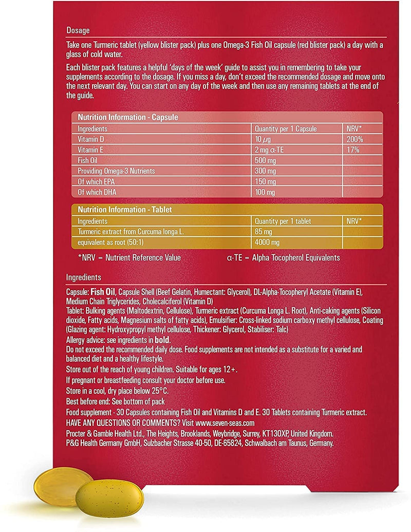 Seven Seas Omega-3 Fish Oil Turmeric, With 500 mg Fish Oil + 300 mg Omega-3, 60 High Strength Tablets With Vitamin D & 250 mg EPA & DHA, Whole Body Health+, Duo Pack: 30 Capsules + 30 Tablets - BeesActive Australia