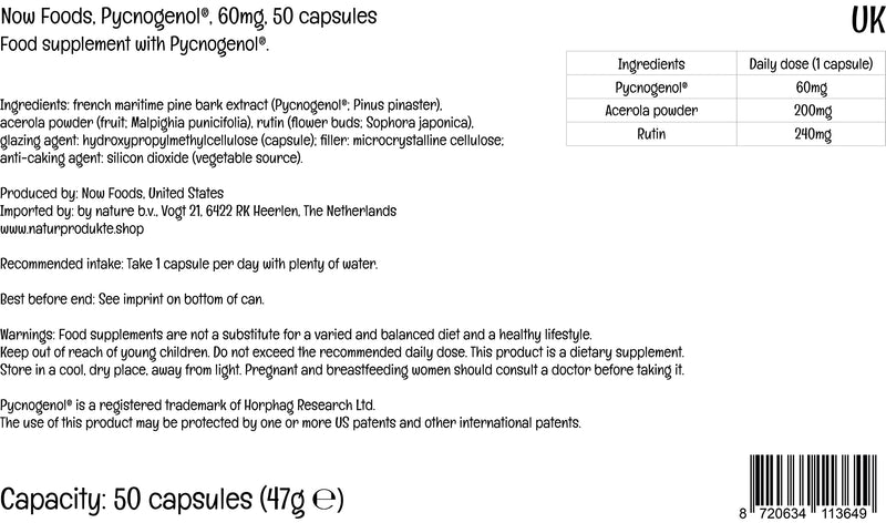 Now Foods, Pycnogenol, 60mg, 50 Vegan Capsules, Lab-Tested, Soy Free, Gluten Free, Vegetarian - BeesActive Australia