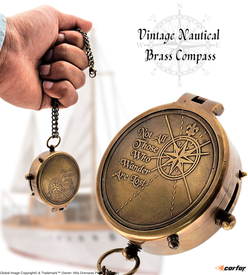 Carfar Nautical Compass Not All Those Who Wander are Lost Engraved Solid Brass Navigational Vintage Marine Compass with Wooden Box - BeesActive Australia