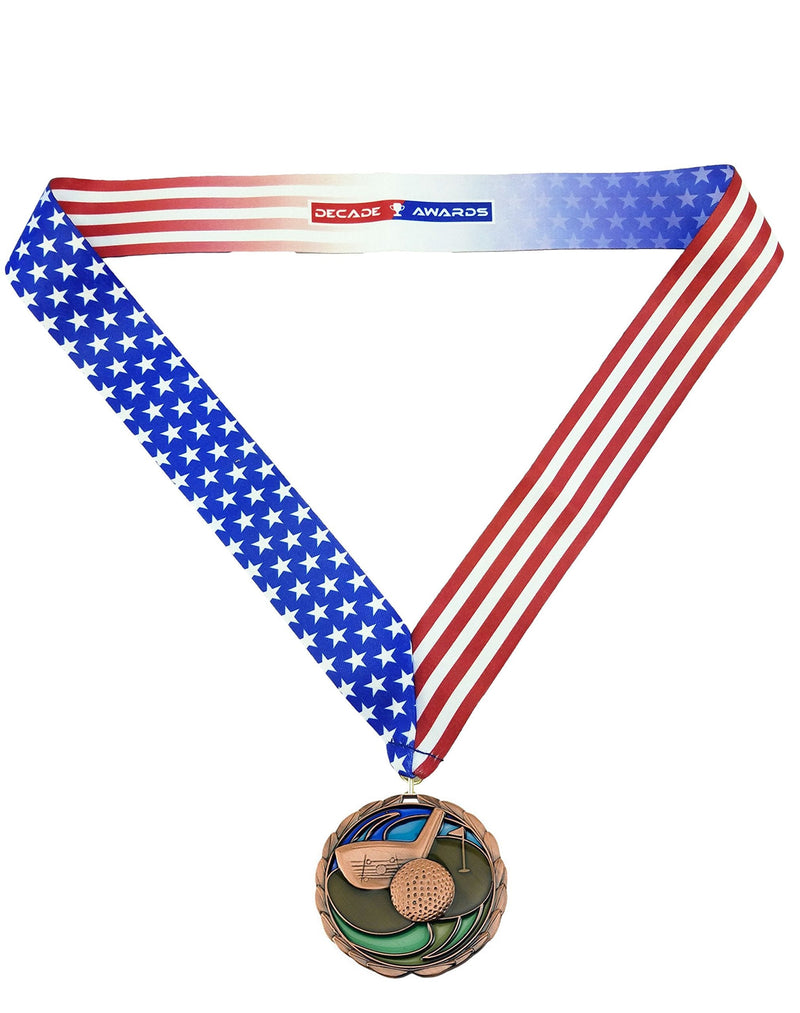 Decade Awards Golf Color Medal - 2.5 Inch Wide Tournament Medallion with Stars and Stripes American Flag V Neck Ribbon BRONZE - BeesActive Australia