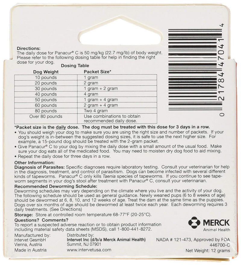 Panacur 446700-C 1 C Canine Dewormer, Net Wt. 12g, Package Contents Three, 4g Packets ((2Units)), Orange - BeesActive Australia