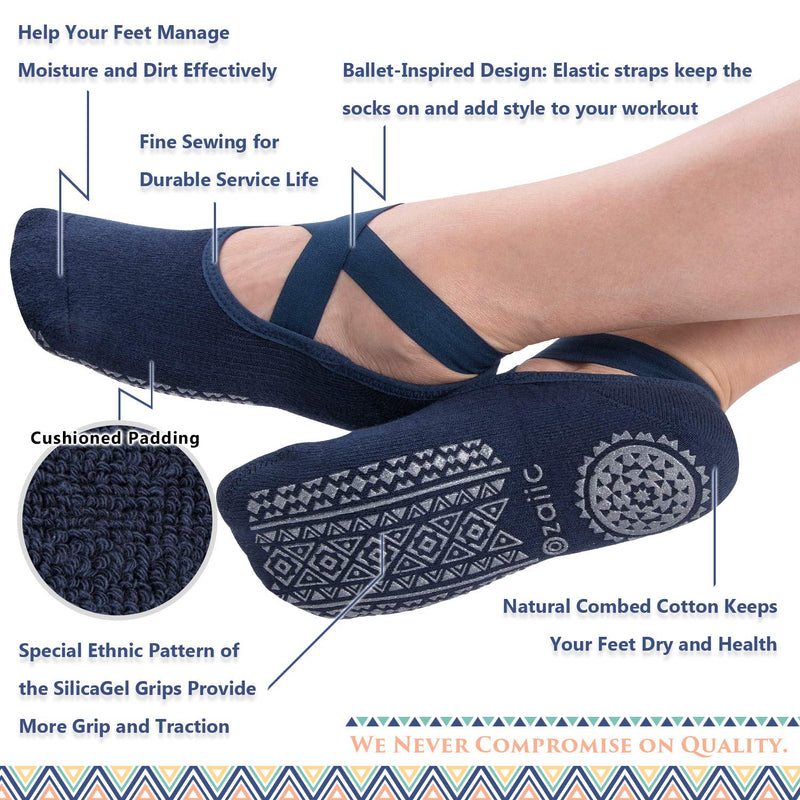 Ozaiic Non Slip Socks for Yoga Pilates Barre Fitness Hospital Socks for Women 4 Pairs - Black/Navy/D.gray/ Burgundy - BeesActive Australia