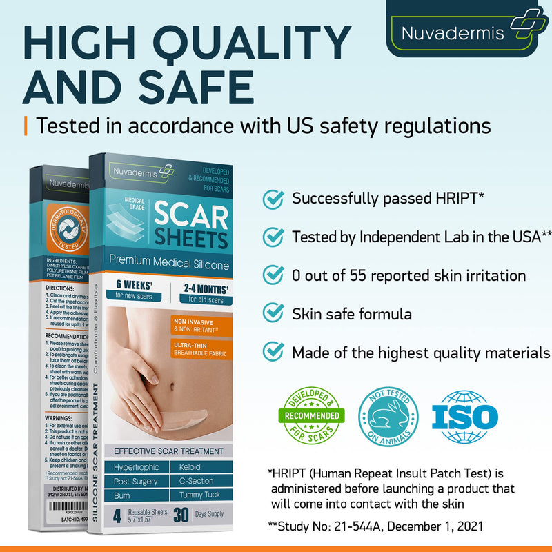 Silicone Scar Removal Sheets - Keloid, C Section, Post Surgery & Acne Scars Treatment - 2 Month Supply - Silicon Soft Long Strips & Sheets 5.7" x 1.57" - Healing Alternative to Gel, Tape, & Cream 4 Count (Pack of 1) - BeesActive Australia