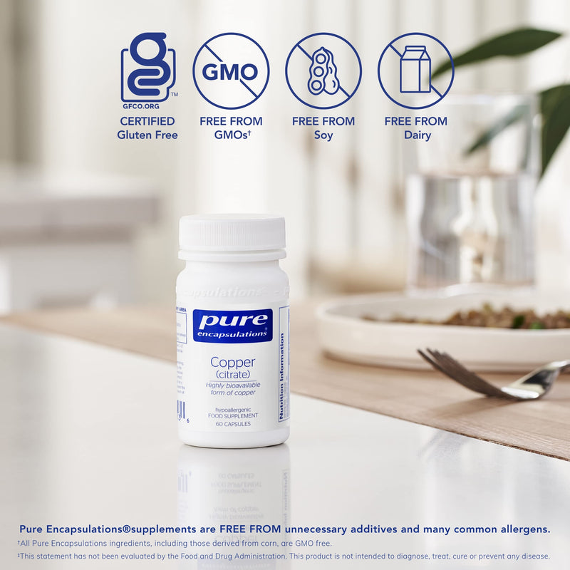 Pure Encapsulations - Copper (Citrate) - Highly Bioavailable Copper Supplement - 60 Vegetarian Capsules - BeesActive Australia