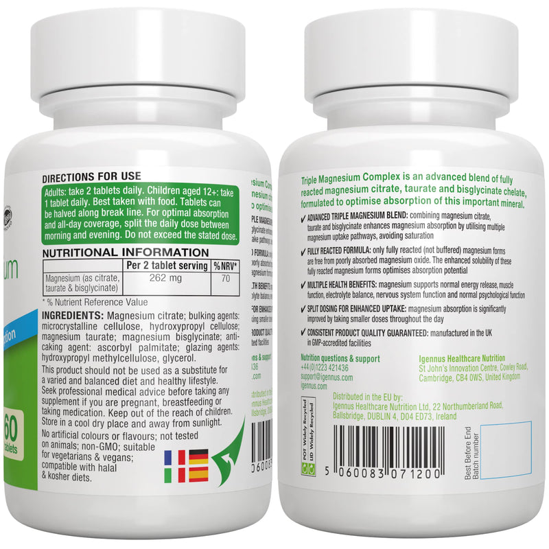 Triple Magnesium Complex, 2000mg Magnesium Glycinate, Magnesium Citrate & Magnesium Taurate, Chelated Magnesium Supplements, 262mg Elemental Magnesium Tablets, Vegan, 30 Servings, by Igennus 60 Count (Pack of 1) - BeesActive Australia