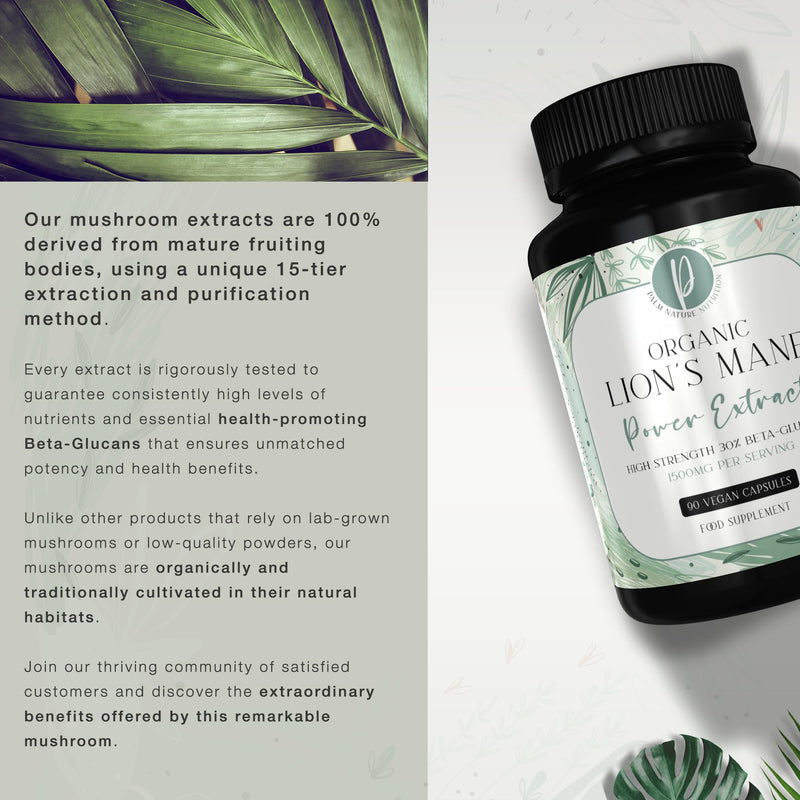 Organic Lions Mane Supplement with Black Pepper - High Strength 10:1 Extracts, Not Powders - 30% Beta-Glucans - Formulated for Cognitive Health - 90 Vegan Capsules - 1500mg Per Serving - BeesActive Australia