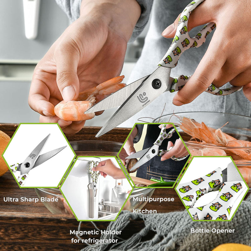 Linoroso Kitchen Scissors Heavy Duty Kitchen Shears with Magnetic Holder Made with Japanese Steel 4034, Multipurpose Ultra Sharp Cooking Scissors for Meat/Vegetables/BBQ/Herbs/Pizza (Graphic,Tiger) White/Tiger - BeesActive Australia