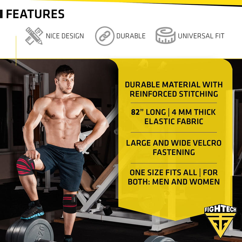 FIGHTECH Knee Wraps for Weightlifting | Men & Women | Bodybuilding Knee Squat Wraps | 82" Long Knee Straps for Compression & Elastic Support During Leg Presses, Cross Training Gym Workout | Pair RED - BeesActive Australia