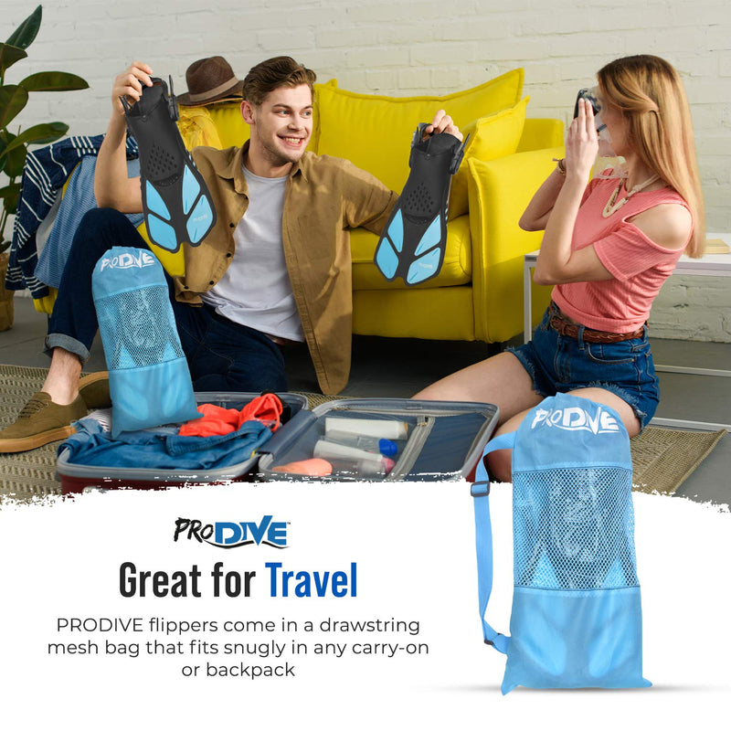 PRODIVE Snorkel and Swim Fins  Adjustable Open-Heel, Short-Blade Snorkeling and Diving Flippers Add Efficiency to Swimming and Diving  Sizes to Fit Men, Women and Kids  Compact and Great for Travel Aqua X-Small - BeesActive Australia