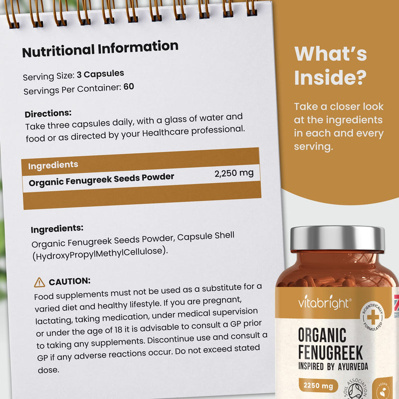 Organic Fenugreek Capsules - 2250mg High Strength - 180 Capsules (60 Day Supply) - Supports Healthy Blood Sugar Levels and Healthy Cholesterol Levels - Vegan - Made in The UK by VitaBright - BeesActive Australia