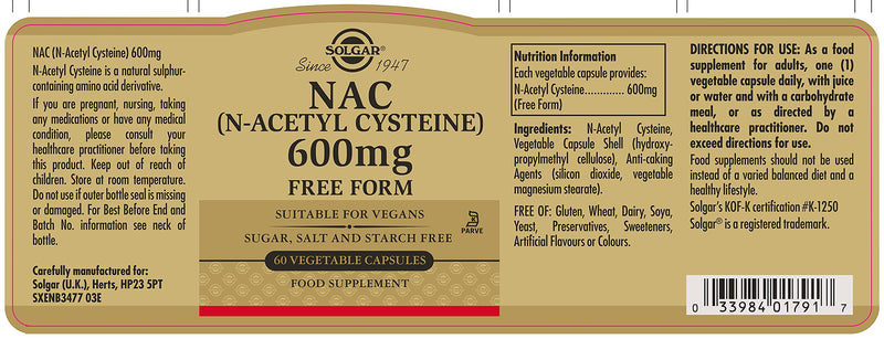 Solgar NAC (N-Acetyl-L-Cysteine) 600 mg Vegetable Capsules - Pack of 60 - Healthy Skin, Hair and Nails - Vegan - BeesActive Australia