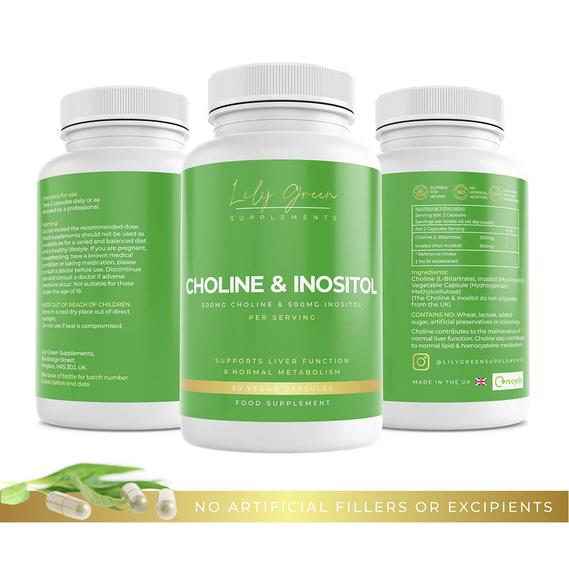Lily Green | Choline 500mg & Inositol 500mg per Serving | 90 Vegan Capsules | Supports Normal Liver Function & Metabolism | Non-GMO | No Artificial Fillers or Excipients | Made in UK - BeesActive Australia