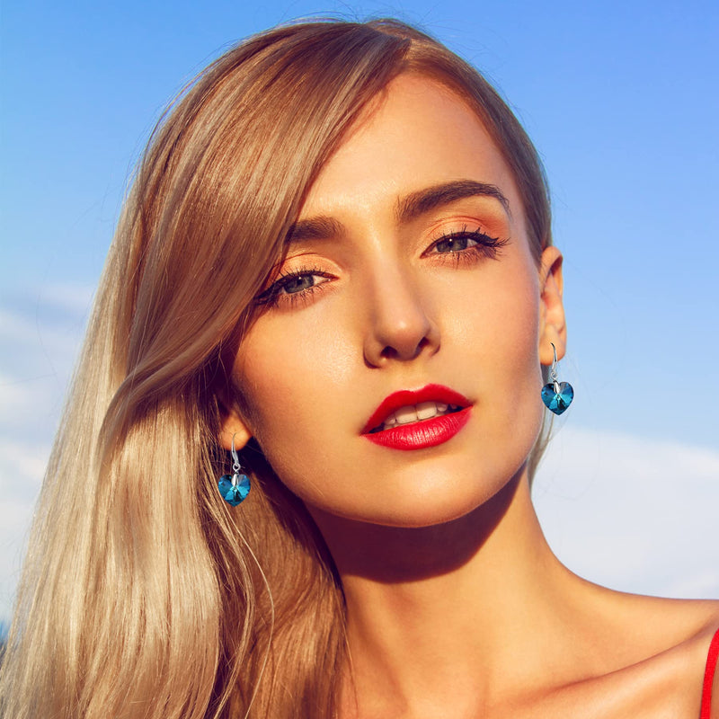 Love Heart Austrian Crystal Earring For Women,14K Gold Plated Hypoallergenic Drop Earrings For Sensitive Ears 1-Gold-Blue - BeesActive Australia