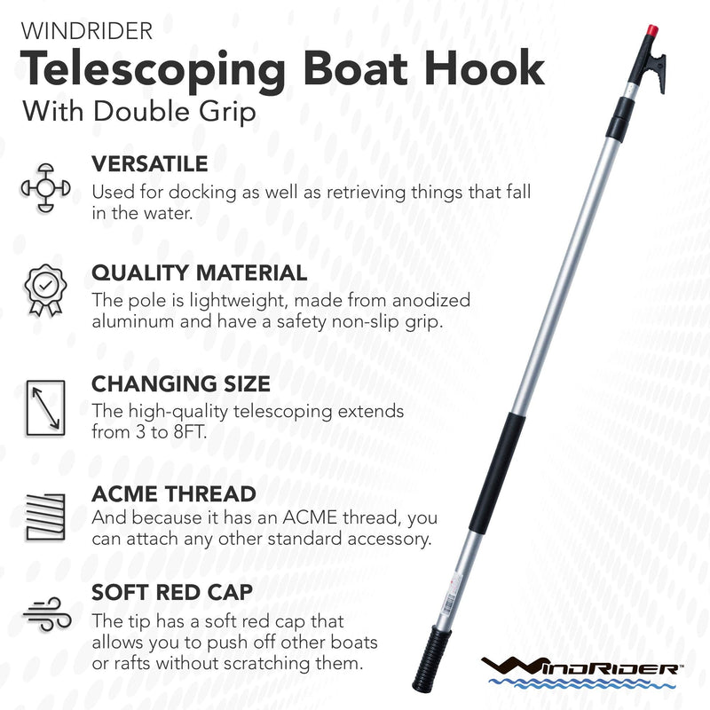 WindRider Telescoping Boat Hook | Floating | Double Grip | Super Strong Hook | Threaded End for Accessories | 8 or 12ft | Push Pole Multipurpose 3.5-8ft - BeesActive Australia