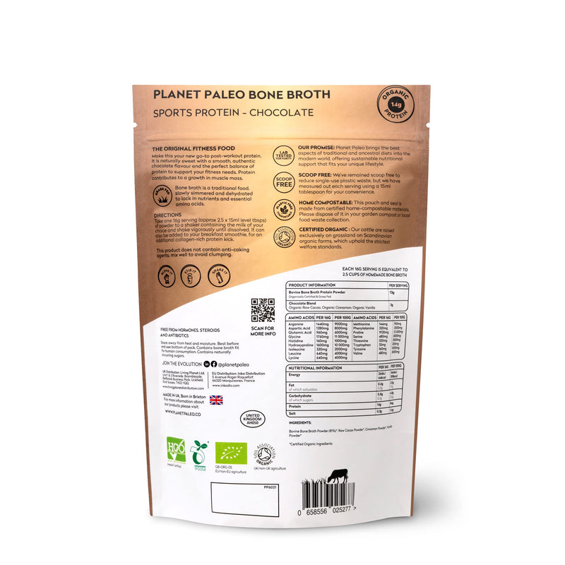 Planet Paleo Organic Bone Broth Protein Powder (240g, 15 Servings) | Chocolate | Organic, Grass Fed, High Protein | Raw Cacao | Tissue Recovery & Fitness | Post-Workout | 14g Per Serving 240g - BeesActive Australia