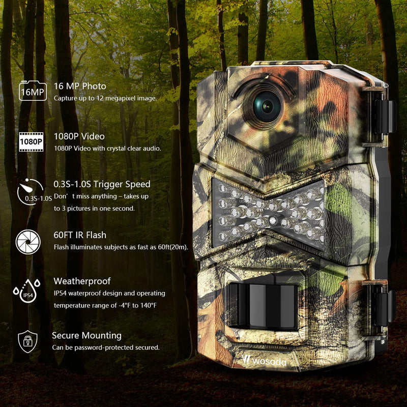 WOSODA Trail Camera, Waterproof 16MP 1080P Hunting Game Camera, Wildlife Camera with IR LEDs Night Vision, for Home Security Wildlife Monitoring Hunting Camo - BeesActive Australia