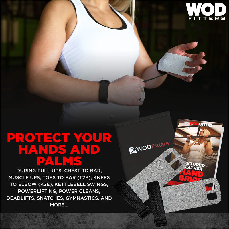 WODFitters Textured Leather Hand Grips for Cross Training, Kettlebells, Powerlifting, Chin Ups, Pull Ups, WODs & Gymnastics – with Grips Storage Pouch New Design Extra Small - BeesActive Australia