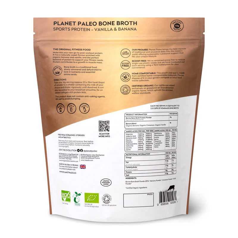 Planet Paleo Organic Bone Broth Protein Powder (480g, 30 Servings) - Vanilla & Banana | Organic, Grass Fed, High Protein | Tissue Recovery & Fitness | Post-Workout | 13g Protein per Serving 480g - BeesActive Australia