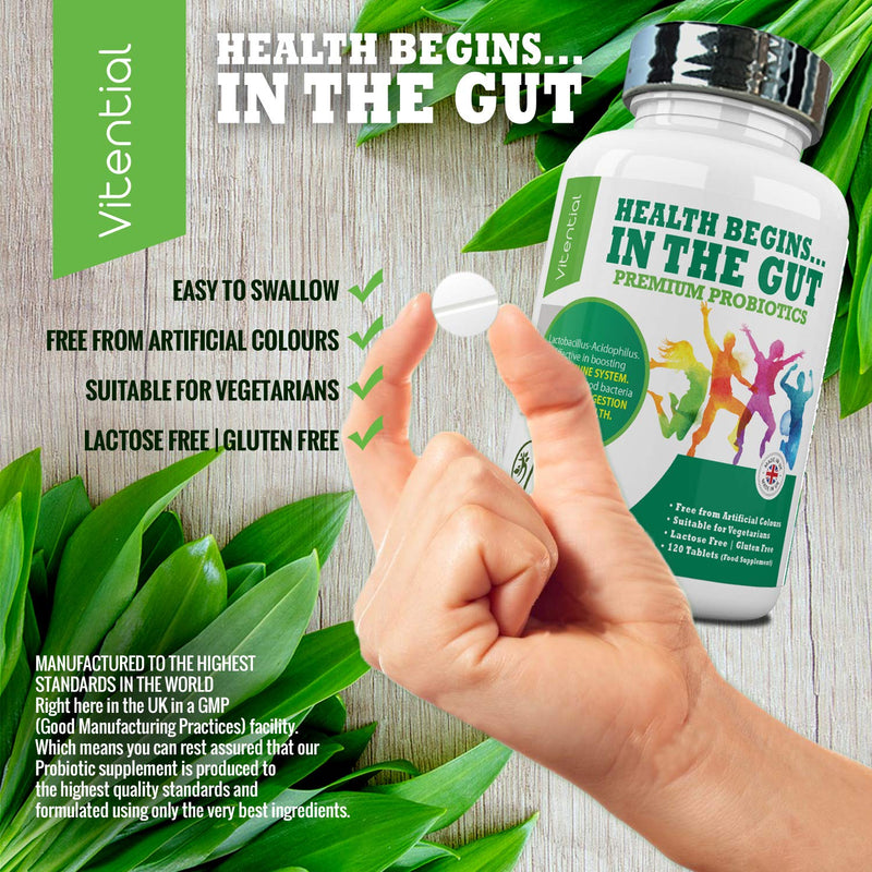 Vitential Nutrition Probiotics for Adults - 120 Vegan Tablets - High Strength Acidophilus Lactobacillus Probiotic Supplements � Promotes a Healthy Digestive & Colon Cleanse - Treatment for Men & Women 120 Count (Pack of 1) - BeesActive Australia
