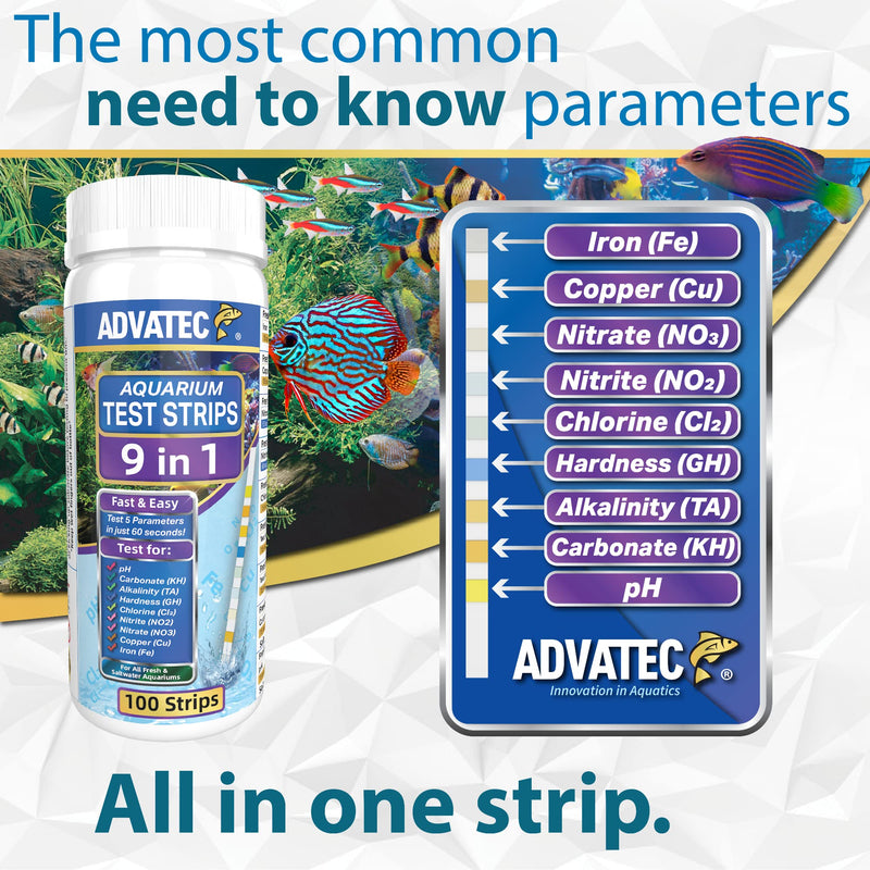 9 in 1 Aquarium Test Strips - For Fresh & Saltwater Aquariums, TEST FOR: Iron, Copper, Nitrate, Nitrite, Chlorine, Total Hardness, Total Alkalinity, Carbonate, pH - Fast LAB GRADE Results! (100 Count) 100 Count - BeesActive Australia