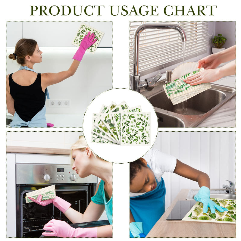 6 Pcs Swedish Kitchen Dish Cloths Reusable Sponge Cleaning Wipes Absorbent Quick Drying Washable Decorative Tea Towels No Odor Bar Hand Towel (Leaves) Leaves - BeesActive Australia
