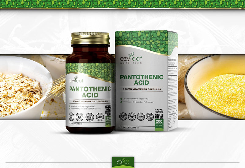 Ezyleaf Pantothenic Acid 500mg Supplement | 200 High Strength Vitamin B5 Capsules - Vitamin B5 Pantothenic Acid Capsules | Pantothenic B5 Acid | ISO Certified, Non-GMO Gluten & Allergen Free | UK Made - BeesActive Australia