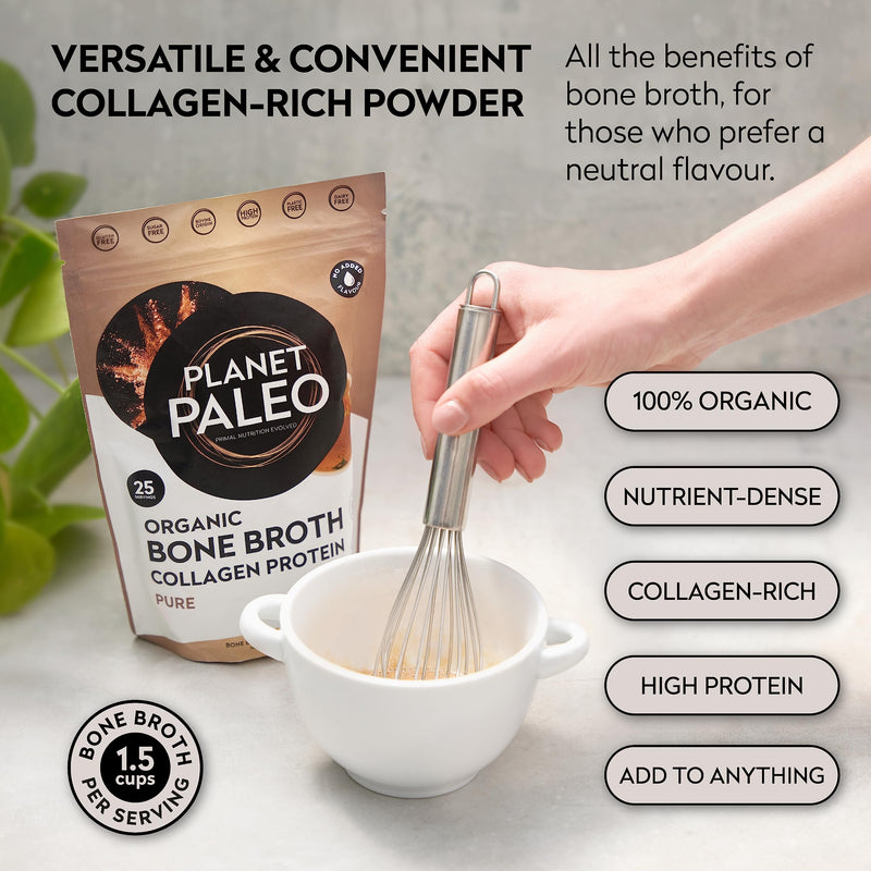 Bone Broth Powder (225g, 25 Servings) | Pure, Unflavoured | Organic, Grass Fed, High Protein, Versatile & Nutrient-Dense - Tissue Recovery, Gut Health, Hair, Skin and Nails - BeesActive Australia